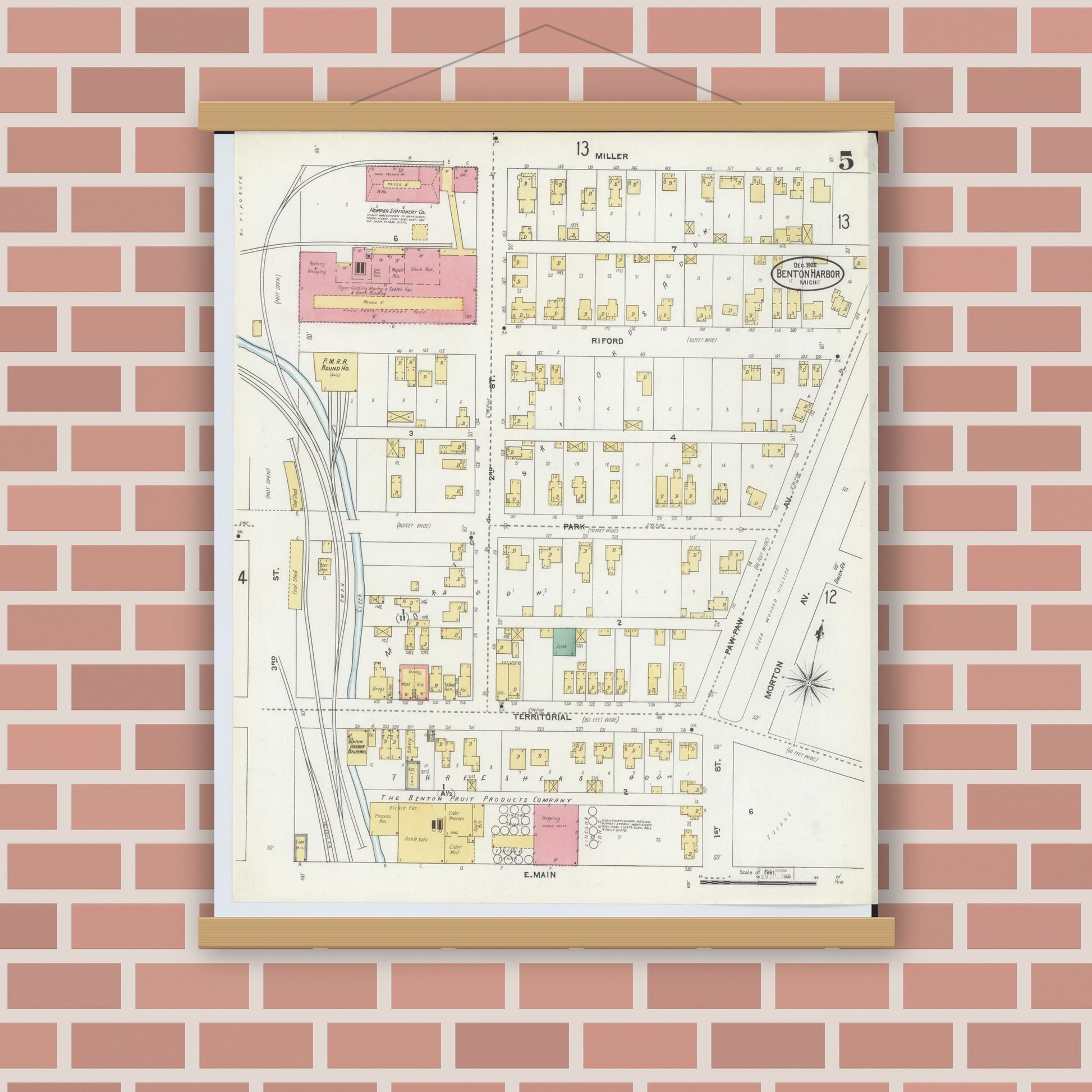 Old map wall art mockup — magnetic wood frame on brick wall — Sanborn Fire Insurance Map from Benton Harbor, Berrien County, Michigan (1905), Sheet #0005