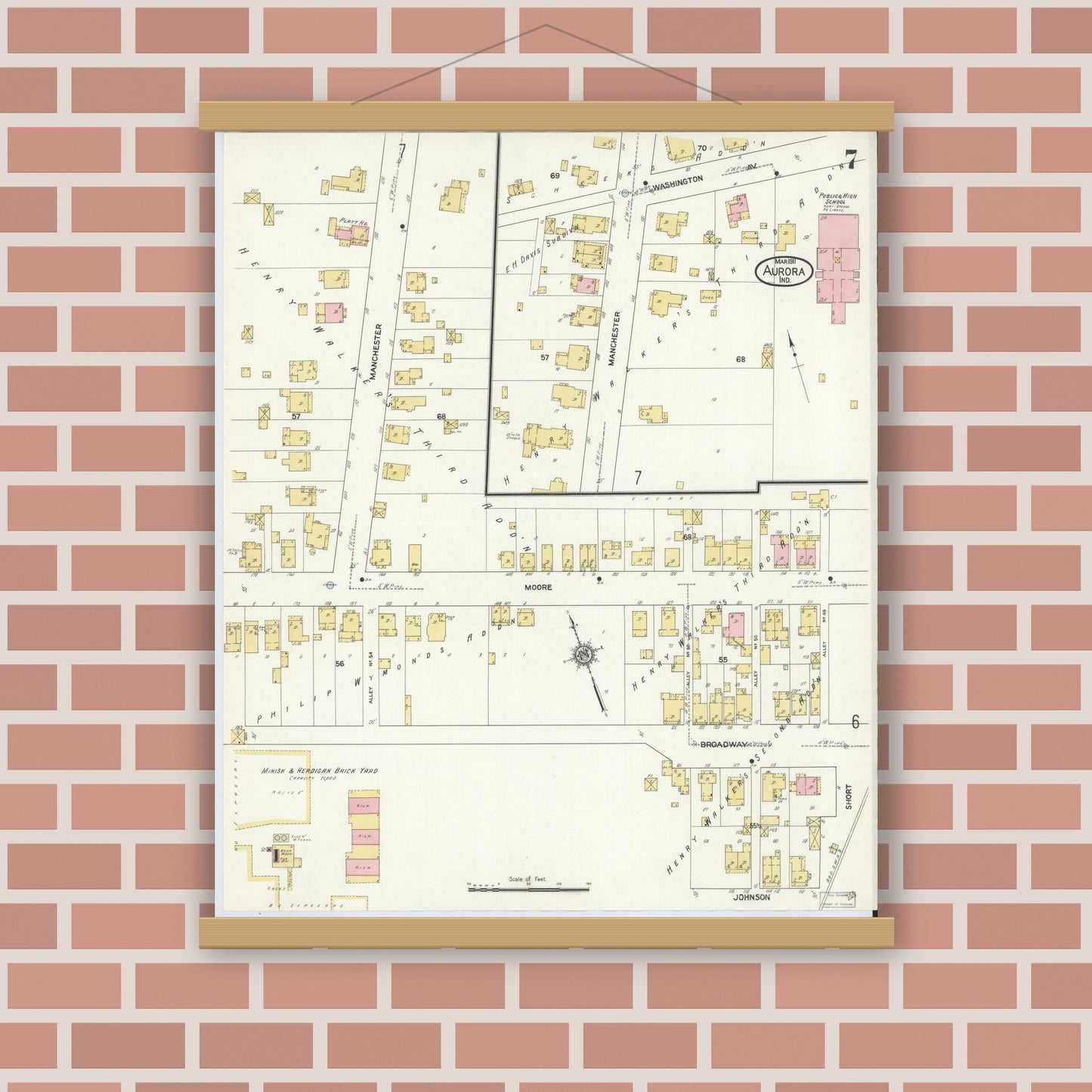Old map wall art mockup — magnetic wood frame on brick wall — Sanborn Fire Insurance Map from Aurora, Dearborn County, Indiana (1911), Sheet #0007