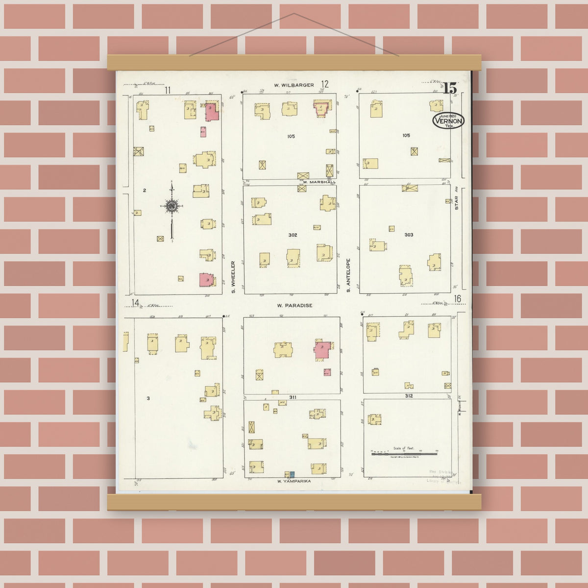Old map wall art mockup — magnetic wood frame on brick wall — Sanborn Fire Insurance Map from Vernon, Wilbarger County, Texas (1920), Sheet #0015