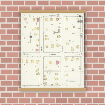 Old map wall art mockup — magnetic wood frame on brick wall — Sanborn Fire Insurance Map from Vernon, Wilbarger County, Texas (1920), Sheet #0015