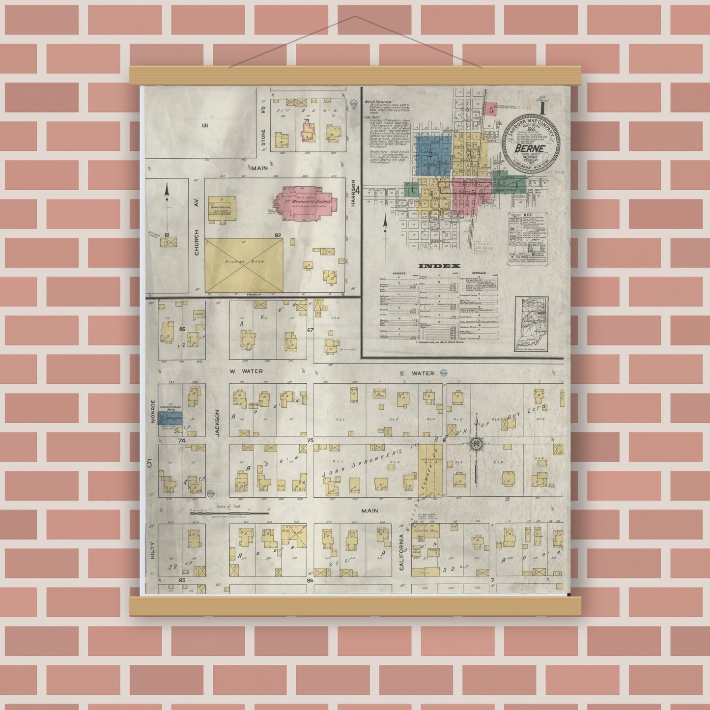 Old map wall art mockup — magnetic wood frame on brick wall — Sanborn Fire Insurance Map from Berne, Adams County, Indiana (1919), Sheet #0001