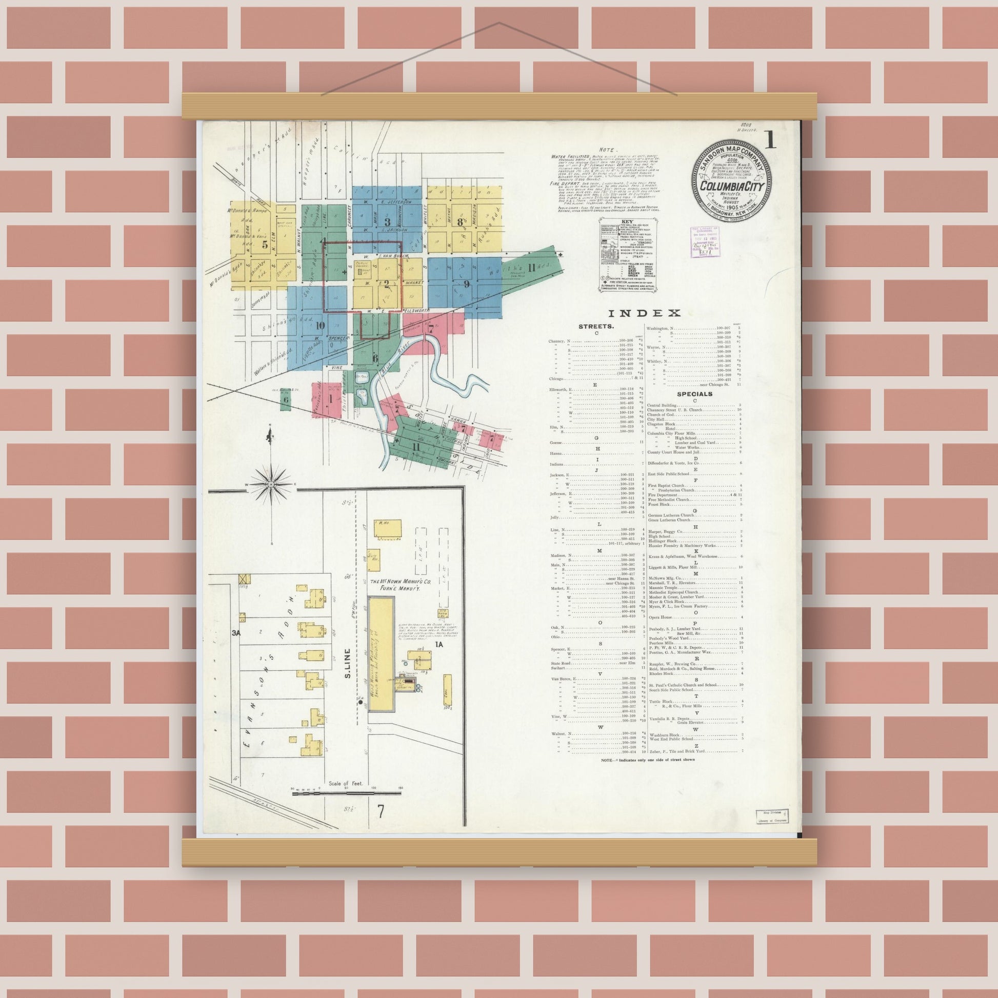 Old map wall art mockup — magnetic wood frame on brick wall — Sanborn Fire Insurance Map from Columbia City, Whitley County, Indiana (1905) - Complete Map Set