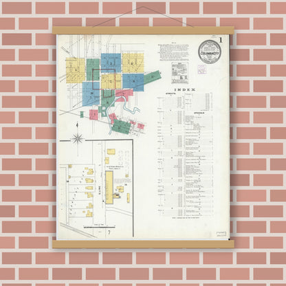 Old map wall art mockup — magnetic wood frame on brick wall — Sanborn Fire Insurance Map from Columbia City, Whitley County, Indiana (1905) - Complete Map Set