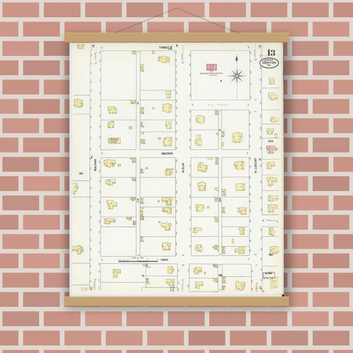 Old map wall art mockup — magnetic wood frame on brick wall — Sanborn Fire Insurance Map from Denton, Denton County, Texas (1907), Sheet #0013