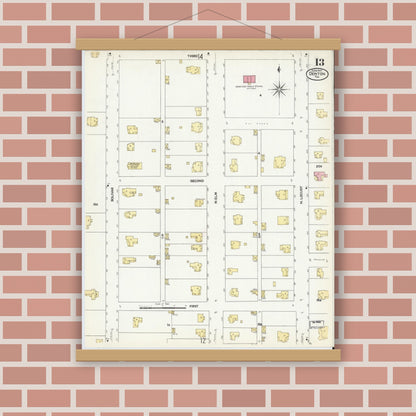 Old map wall art mockup — magnetic wood frame on brick wall — Sanborn Fire Insurance Map from Denton, Denton County, Texas (1907), Sheet #0013