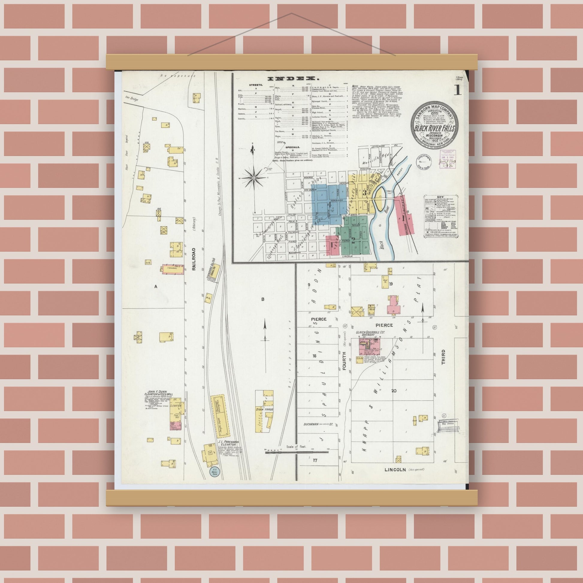 Old map wall art mockup — magnetic wood frame on brick wall — Sanborn Fire Insurance Map from Black River Falls, Jackson County, Wisconsin (1902), Sheet #0001