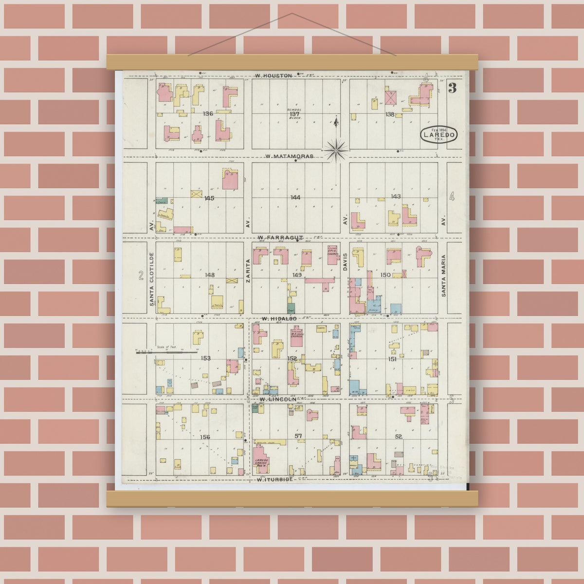 Old map wall art mockup — magnetic wood frame on brick wall — Sanborn Fire Insurance Map from Laredo, Webb County, Texas (1894), Sheet #0003
