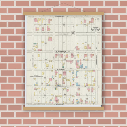Old map wall art mockup — magnetic wood frame on brick wall — Sanborn Fire Insurance Map from Laredo, Webb County, Texas (1894), Sheet #0003