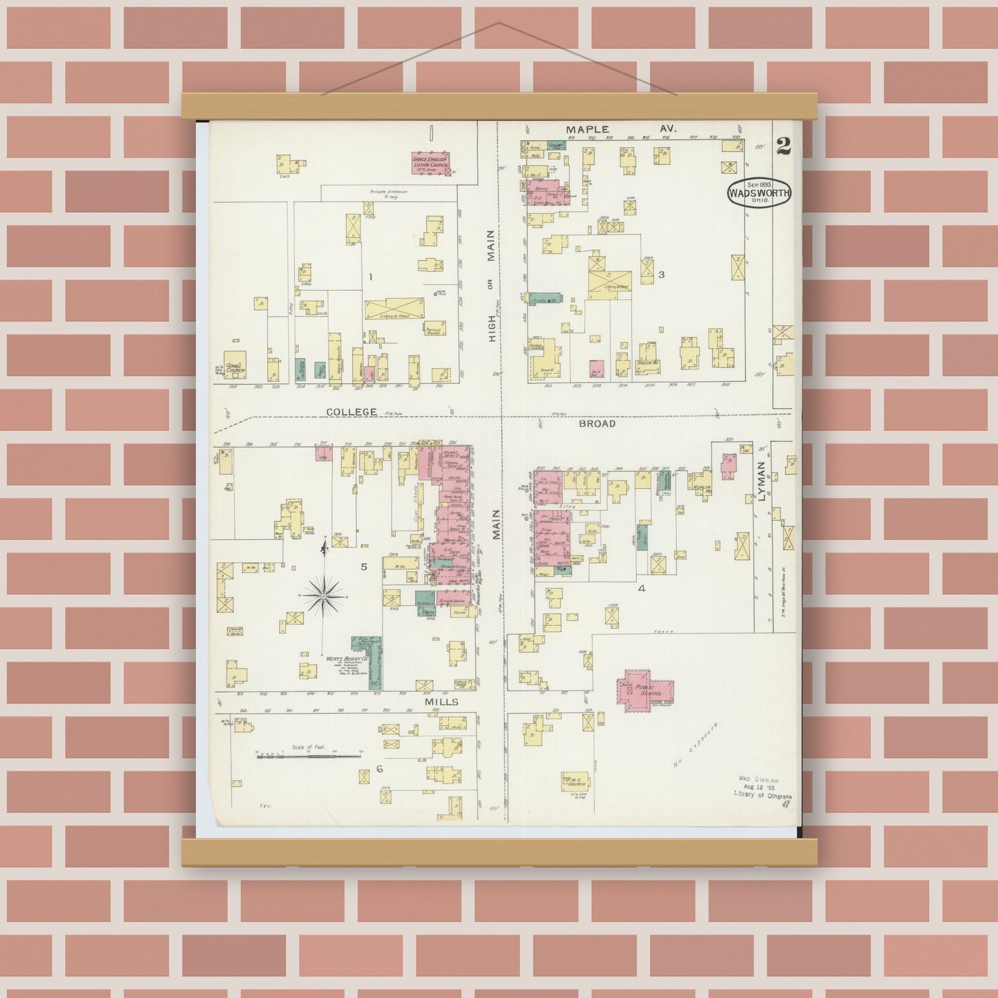 Old map wall art mockup — magnetic wood frame on brick wall — Sanborn Fire Insurance Map from Wadsworth, Medina County, Ohio (1893), Sheet #0002