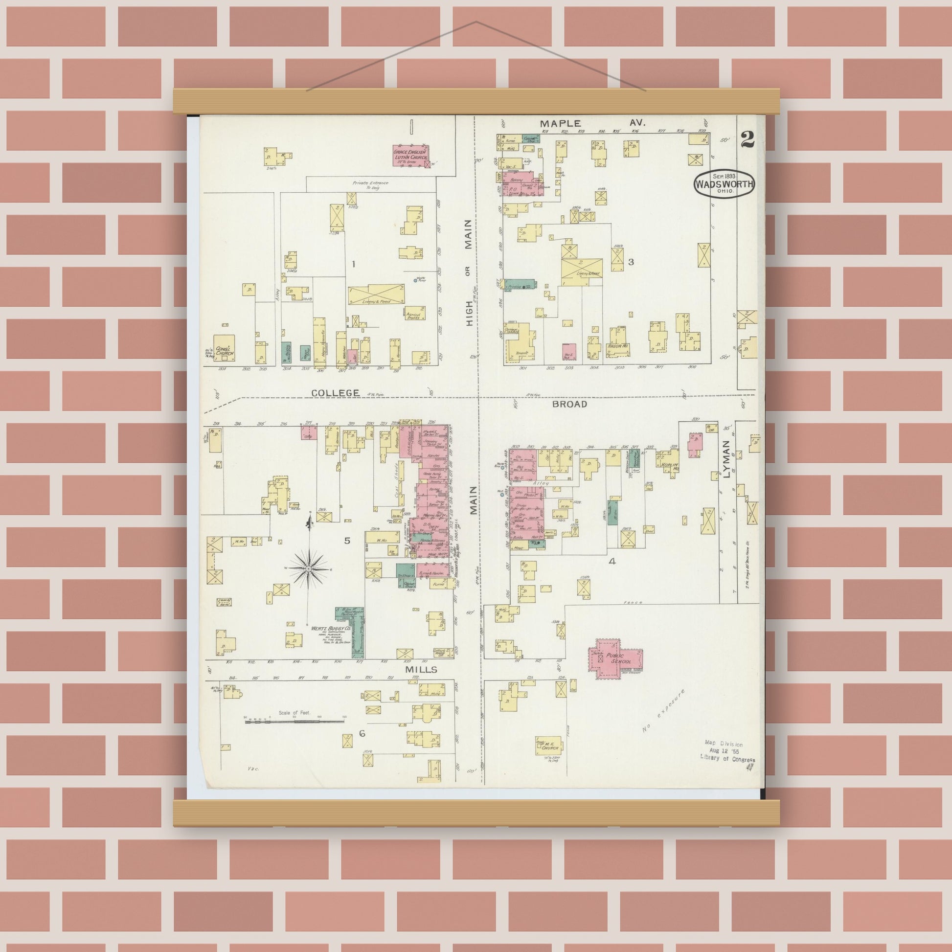 Old map wall art mockup — magnetic wood frame on brick wall — Sanborn Fire Insurance Map from Wadsworth, Medina County, Ohio (1893), Sheet #0002