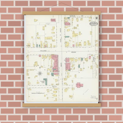 Old map wall art mockup — magnetic wood frame on brick wall — Sanborn Fire Insurance Map from Wadsworth, Medina County, Ohio (1893), Sheet #0002