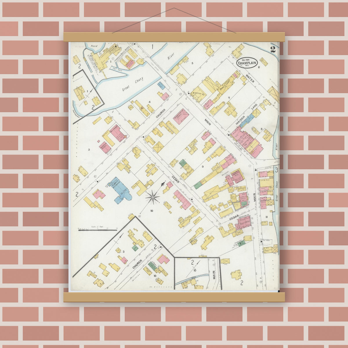Old map wall art mockup — magnetic wood frame on brick wall — Sanborn Fire Insurance Map from Champlain, Clinton County, New York (1904), Sheet #0002