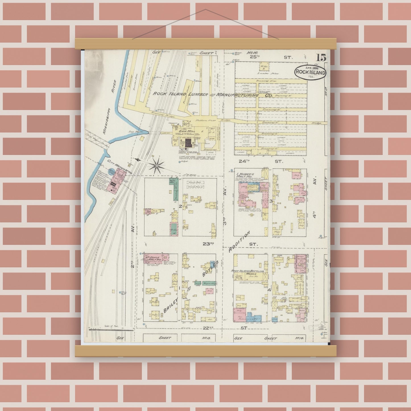 Old map wall art mockup — magnetic wood frame on brick wall — Sanborn Fire Insurance Map from Rock Island, Rock Island County, Illinois (1886), Sheet #0015