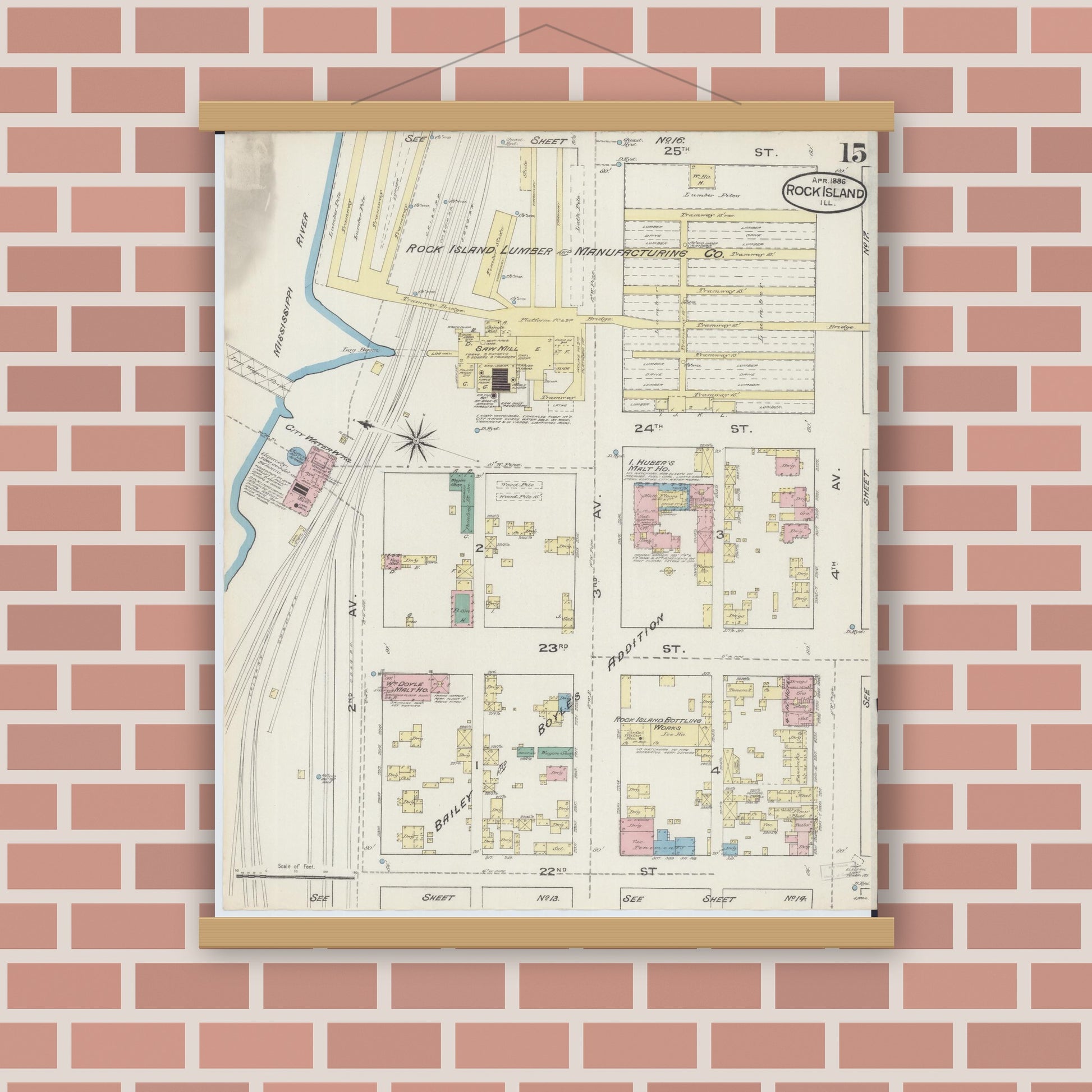 Old map wall art mockup — magnetic wood frame on brick wall — Sanborn Fire Insurance Map from Rock Island, Rock Island County, Illinois (1886), Sheet #0015