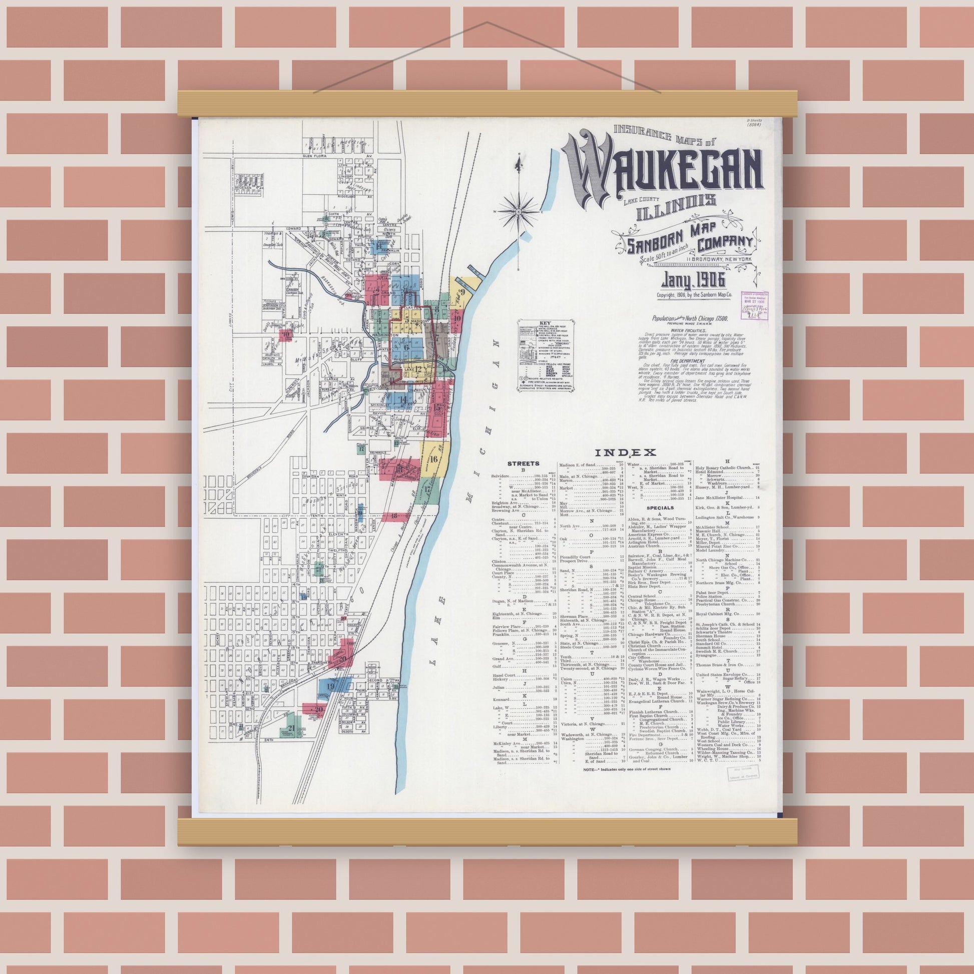 Old map wall art mockup — magnetic wood frame on brick wall — Sanborn Fire Insurance Map from Waukegan, Lake County, Illinois (1906), Sheet #0001