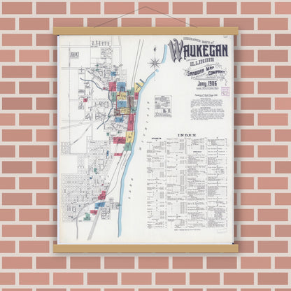 Old map wall art mockup — magnetic wood frame on brick wall — Sanborn Fire Insurance Map from Waukegan, Lake County, Illinois (1906), Sheet #0001