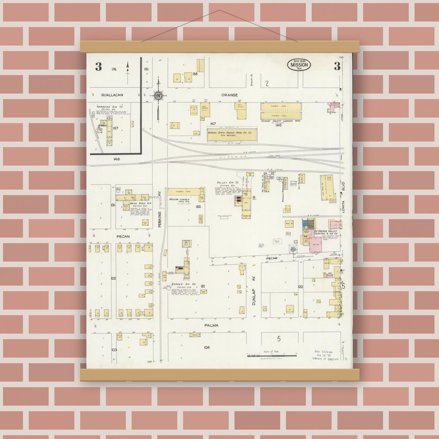 Old map wall art mockup — magnetic wood frame on brick wall — Sanborn Fire Insurance Map from Mission, Hidalgo County, Texas (1925), Sheet #0003