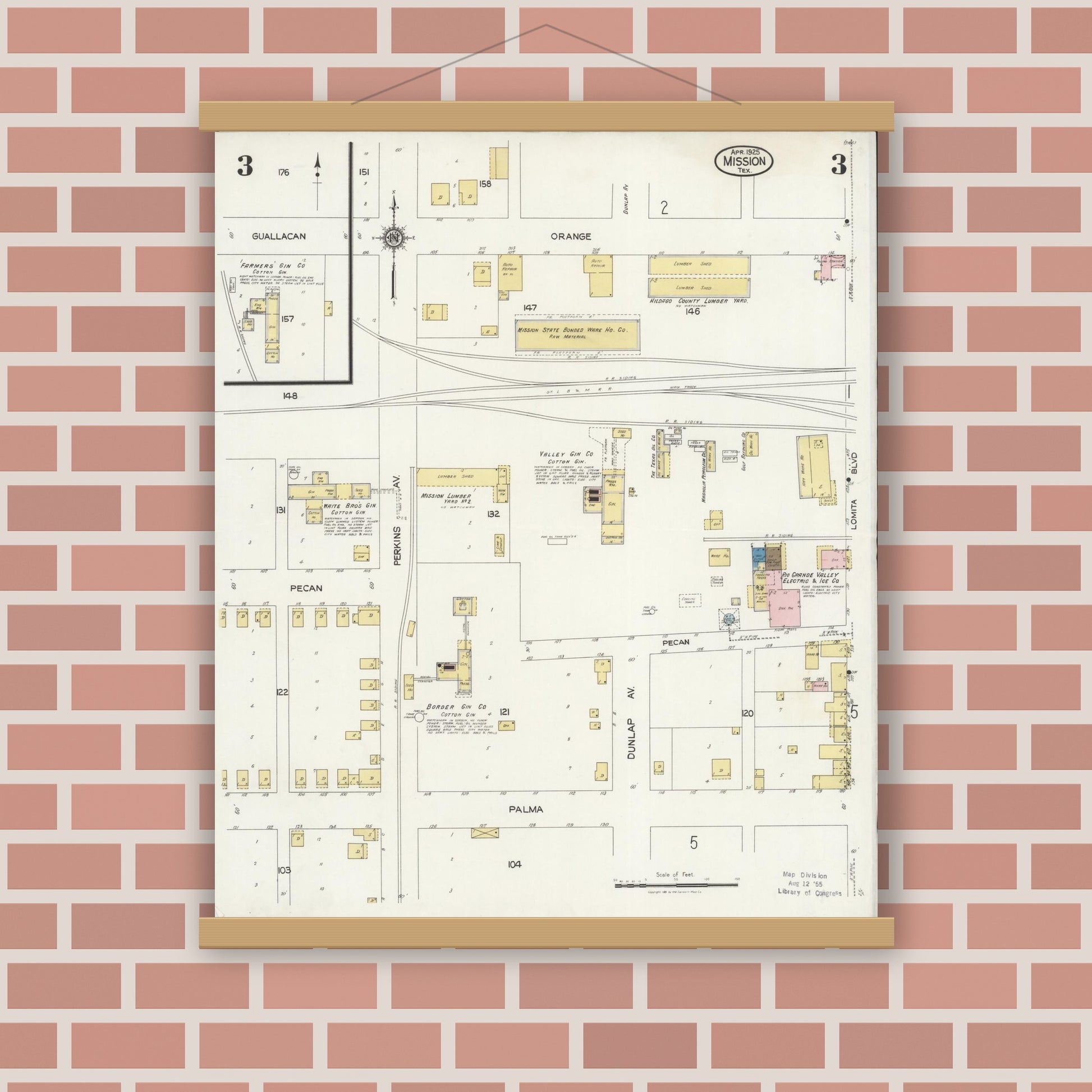 Old map wall art mockup — magnetic wood frame on brick wall — Sanborn Fire Insurance Map from Mission, Hidalgo County, Texas (1925), Sheet #0003