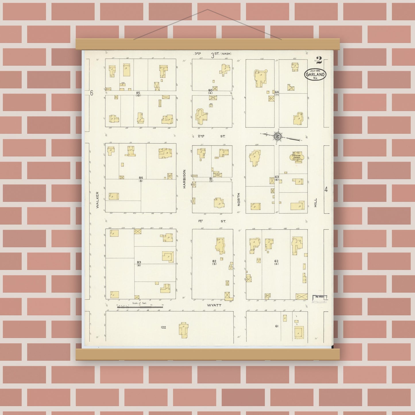 Old map wall art mockup — magnetic wood frame on brick wall — Sanborn Fire Insurance Map from Garland, Dallas County, Texas (1915), Sheet #0002