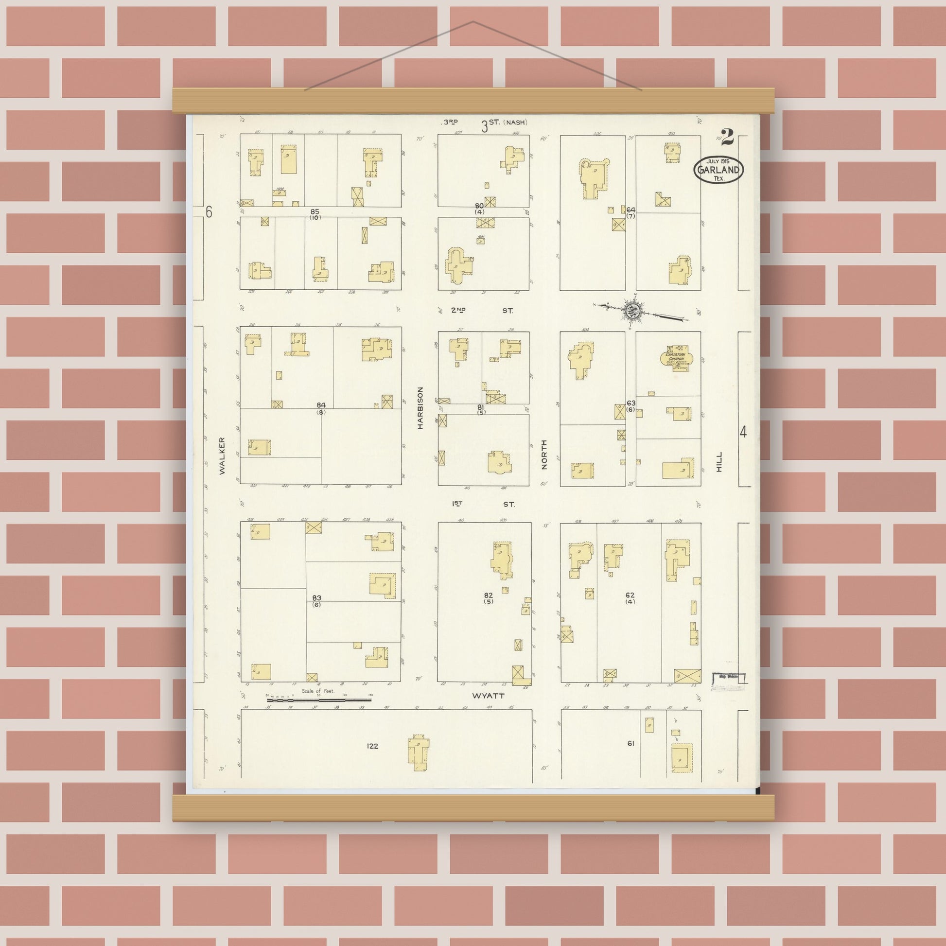 Old map wall art mockup — magnetic wood frame on brick wall — Sanborn Fire Insurance Map from Garland, Dallas County, Texas (1915), Sheet #0002