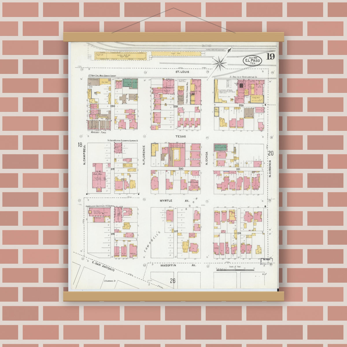 Old map wall art mockup — magnetic wood frame on brick wall — Sanborn Fire Insurance Map from El Paso, El Paso County, Texas (1905), Sheet #0019