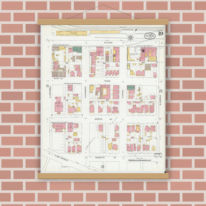Old map wall art mockup — magnetic wood frame on brick wall — Sanborn Fire Insurance Map from El Paso, El Paso County, Texas (1905), Sheet #0019