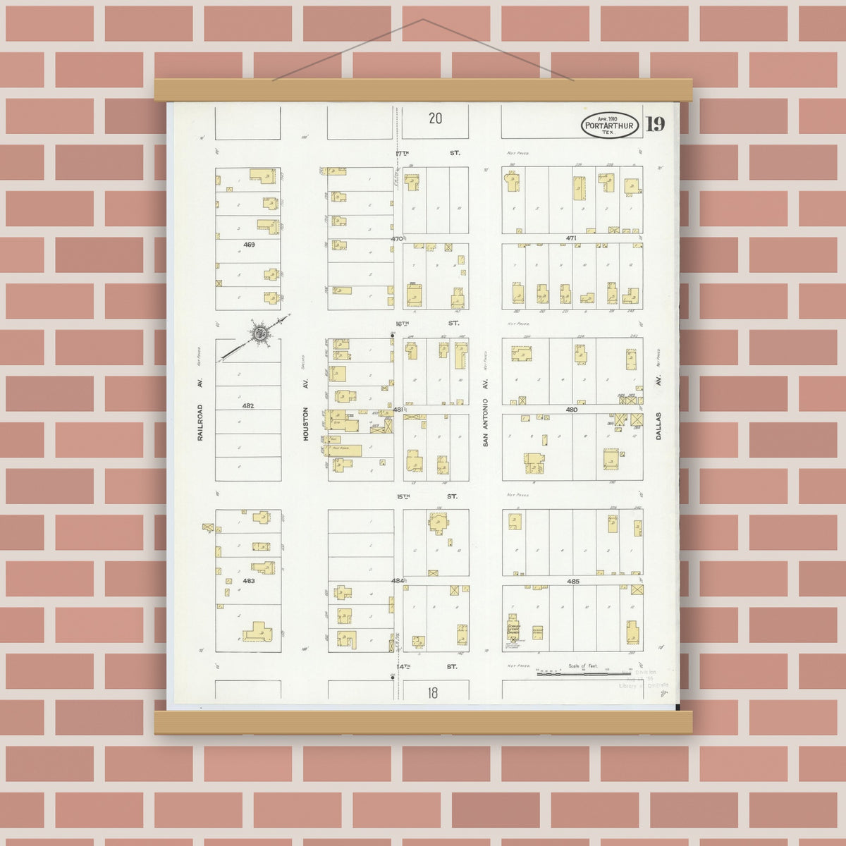 Old map wall art mockup — magnetic wood frame on brick wall — Sanborn Fire Insurance Map from Port Arthur, Jefferson County, Texas (1910), Sheet #0019