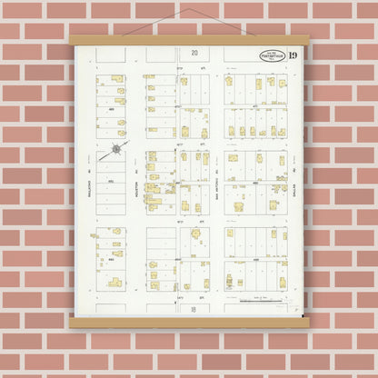 Old map wall art mockup — magnetic wood frame on brick wall — Sanborn Fire Insurance Map from Port Arthur, Jefferson County, Texas (1910), Sheet #0019