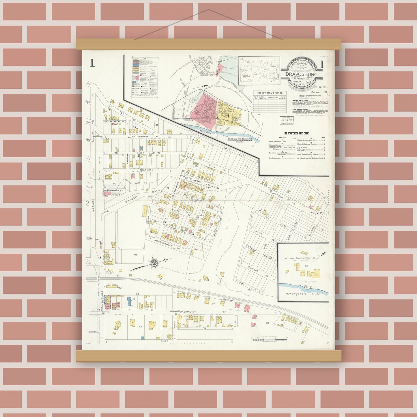 Old map wall art mockup — magnetic wood frame on brick wall — Sanborn Fire Insurance Map from Dravosburg, Allegheny County, Pennsylvania (1933), Sheet #0001
