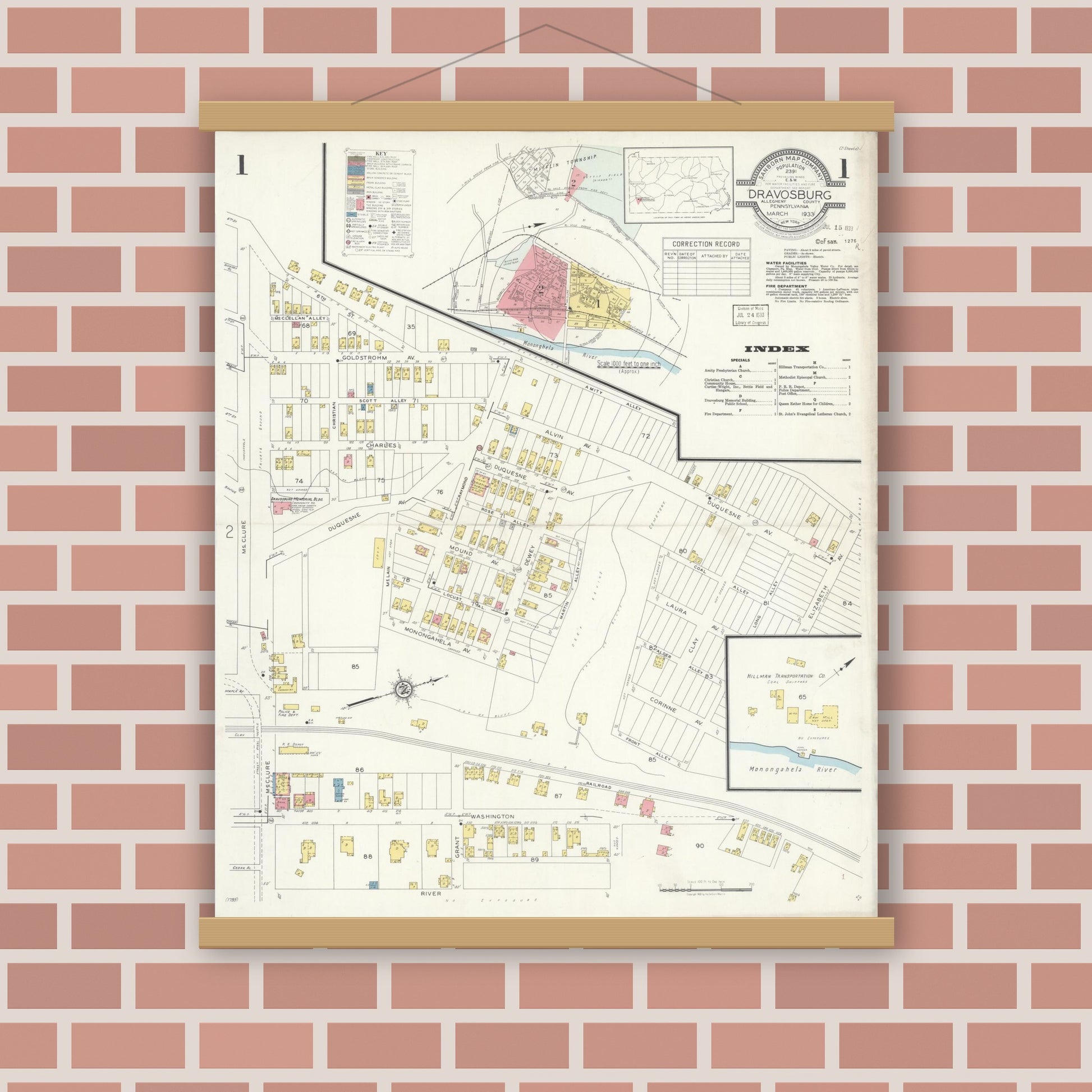 Old map wall art mockup — magnetic wood frame on brick wall — Sanborn Fire Insurance Map from Dravosburg, Allegheny County, Pennsylvania (1933), Sheet #0001