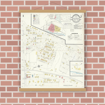 Old map wall art mockup — magnetic wood frame on brick wall — Sanborn Fire Insurance Map from Dravosburg, Allegheny County, Pennsylvania (1933), Sheet #0001