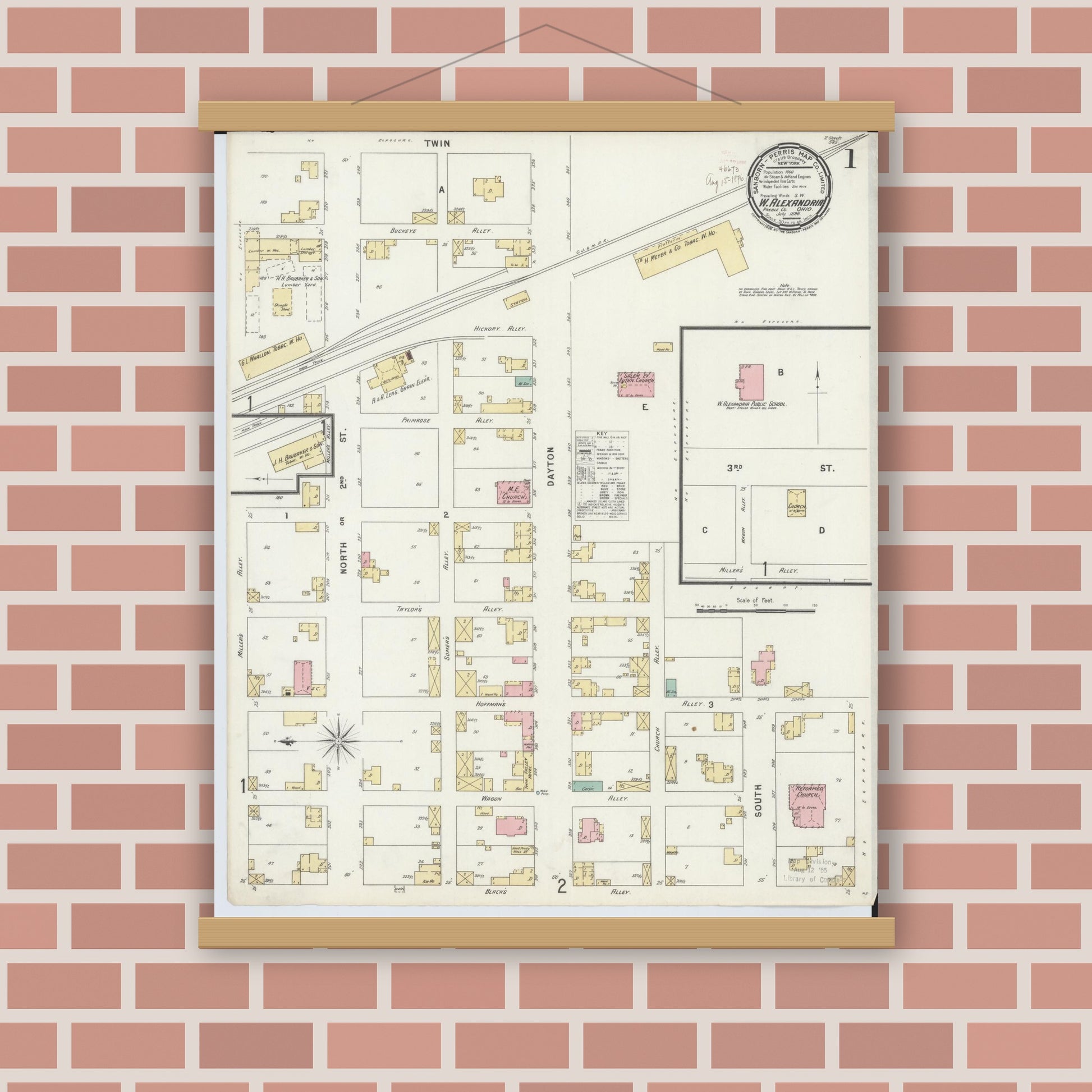 Old map wall art mockup — magnetic wood frame on brick wall — Sanborn Fire Insurance Map from West Alexandria, Preble County, Ohio (1896), Sheet #0001