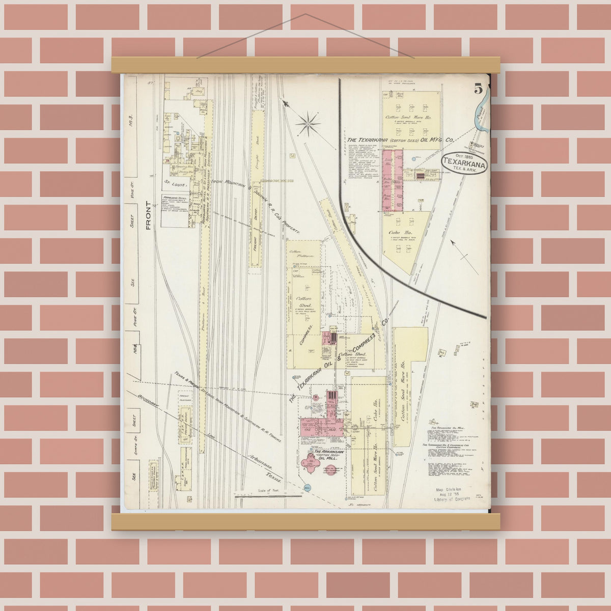 Old map wall art mockup — magnetic wood frame on brick wall — Sanborn Fire Insurance Map from Texarkana, Bowie County, Texas (1885), Sheet #0005