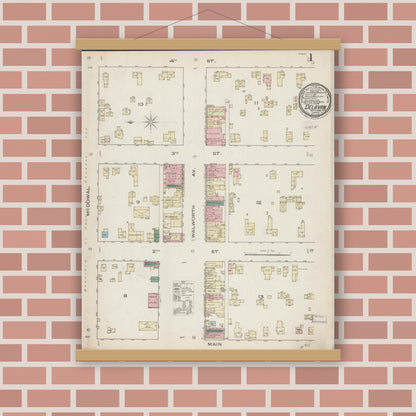 Old map wall art mockup — magnetic wood frame on brick wall — Sanborn Fire Insurance Map from Delavan, Walworth County, Wisconsin (1885), Sheet #0001