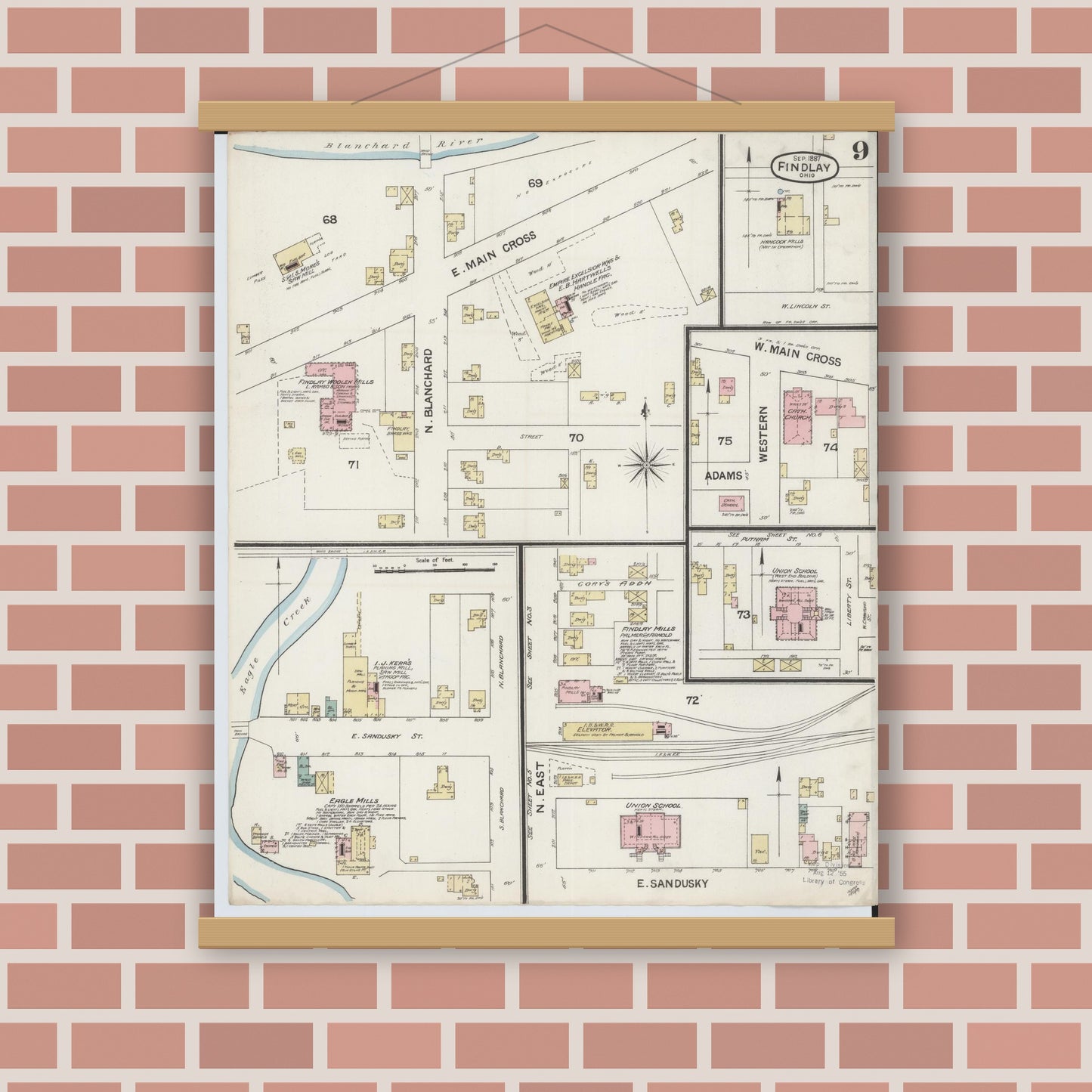 Old map wall art mockup — magnetic wood frame on brick wall — Sanborn Fire Insurance Map from Findlay, Hancock County, Ohio (1887), Sheet #0009