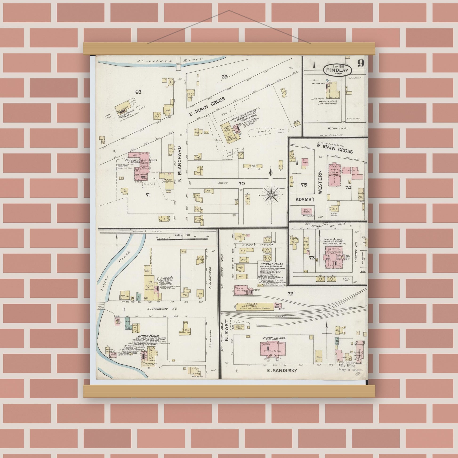 Old map wall art mockup — magnetic wood frame on brick wall — Sanborn Fire Insurance Map from Findlay, Hancock County, Ohio (1887), Sheet #0009
