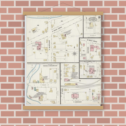 Old map wall art mockup — magnetic wood frame on brick wall — Sanborn Fire Insurance Map from Findlay, Hancock County, Ohio (1887), Sheet #0009
