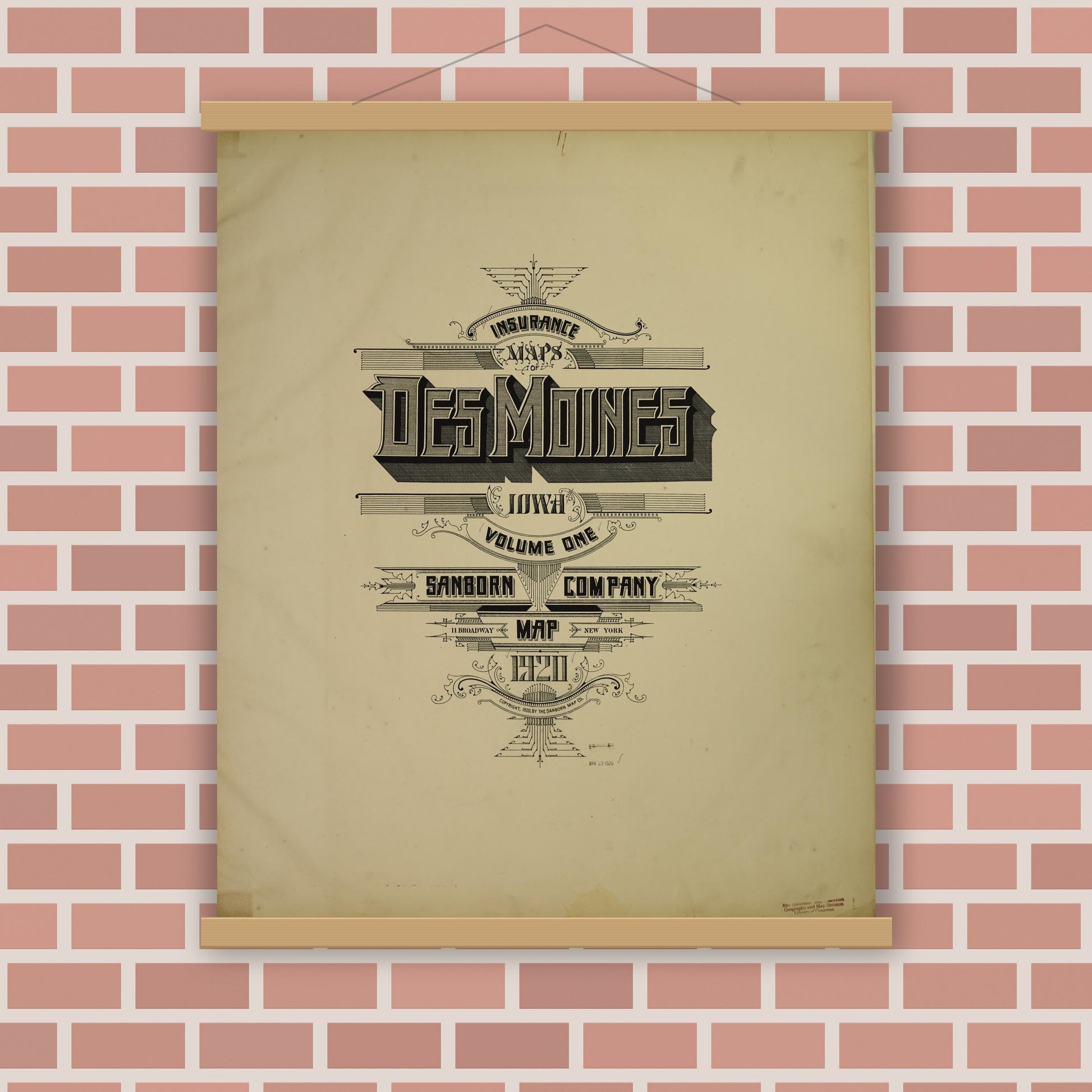 Old map wall art mockup — magnetic wood frame on brick wall — Sanborn Fire Insurance Map from Des Moines, Polk County, Iowa (1920), Sheet #0001