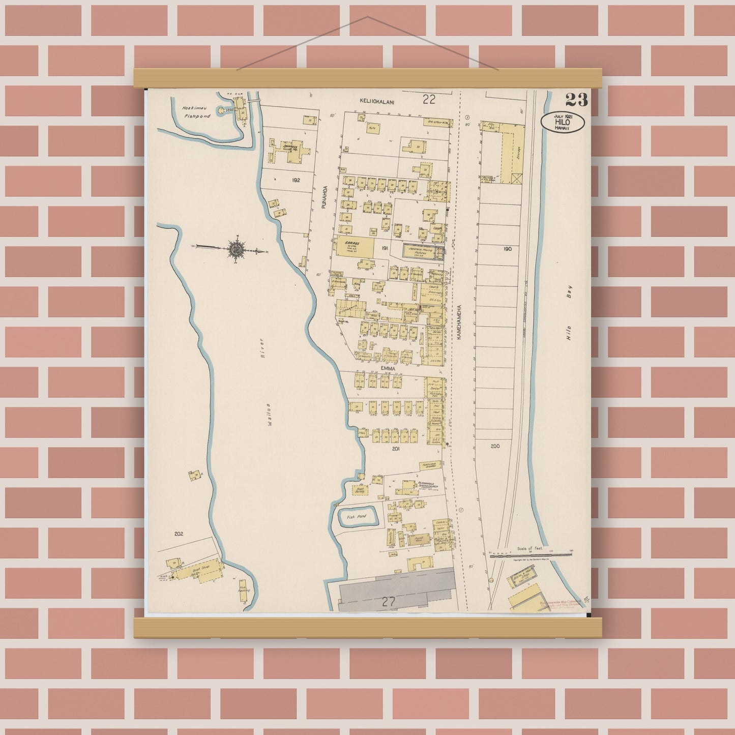 Old map wall art mockup — magnetic wood frame on brick wall — Sanborn Fire Insurance Map from Hilo, Hawaii County, Hawaii (1921), Sheet #0023