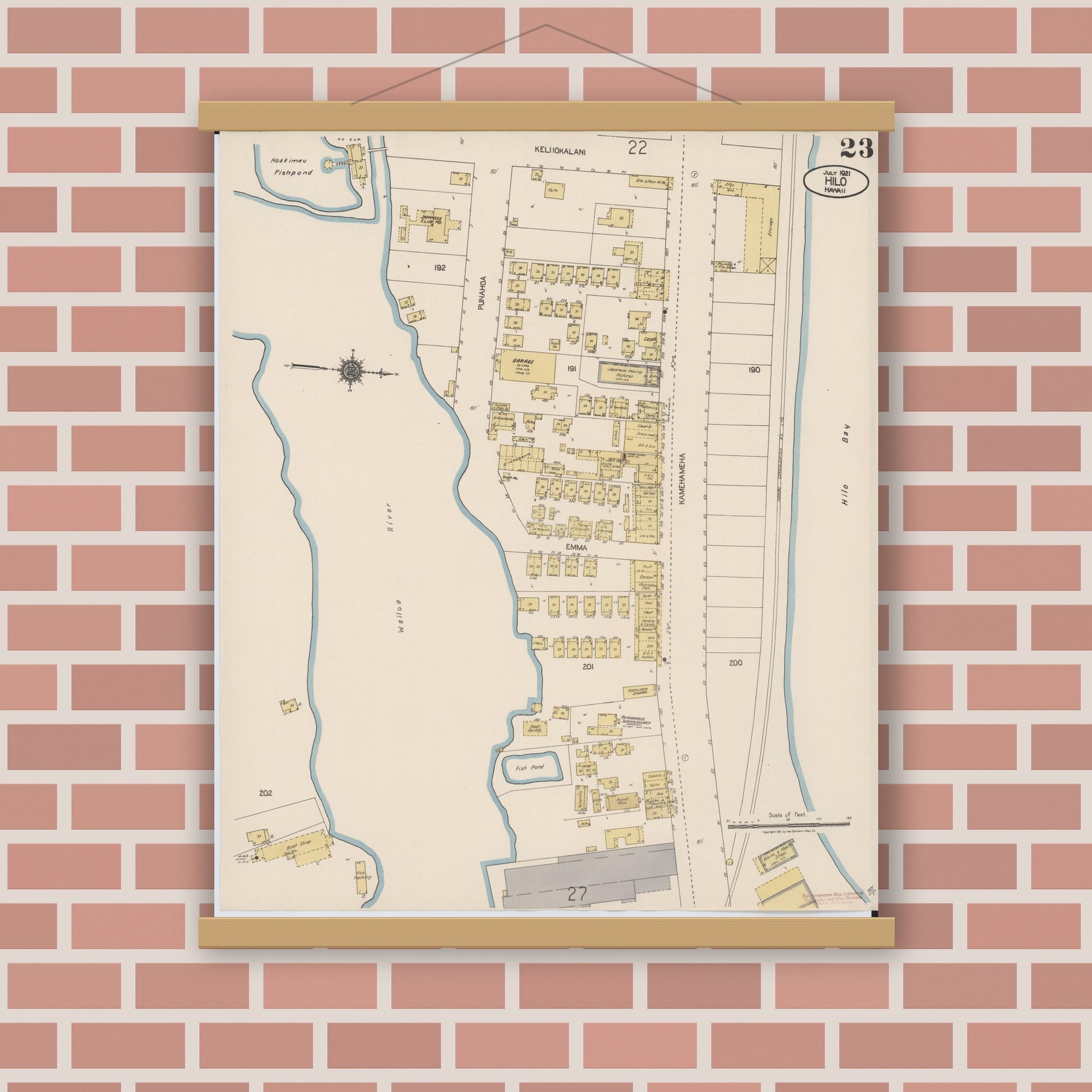 Old map wall art mockup — magnetic wood frame on brick wall — Sanborn Fire Insurance Map from Hilo, Hawaii County, Hawaii (1921), Sheet #0023