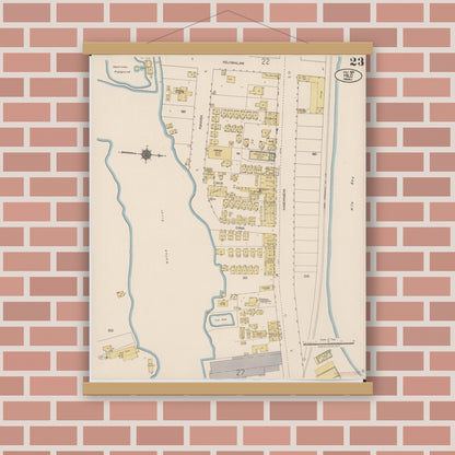Old map wall art mockup — magnetic wood frame on brick wall — Sanborn Fire Insurance Map from Hilo, Hawaii County, Hawaii (1921), Sheet #0023