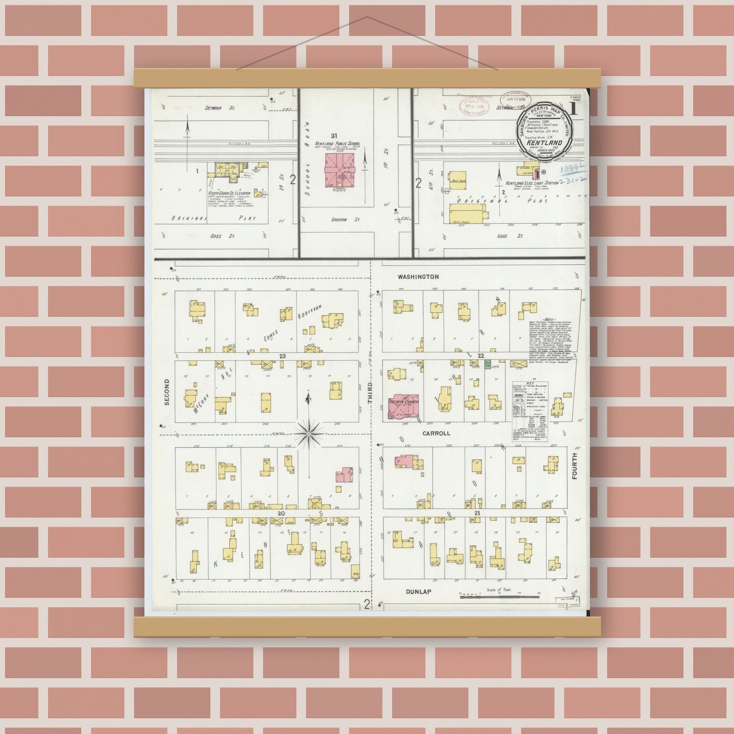 Old map wall art mockup — magnetic wood frame on brick wall — Sanborn Fire Insurance Map from Kentland, Newton County, Indiana (1899) - Complete Map Set