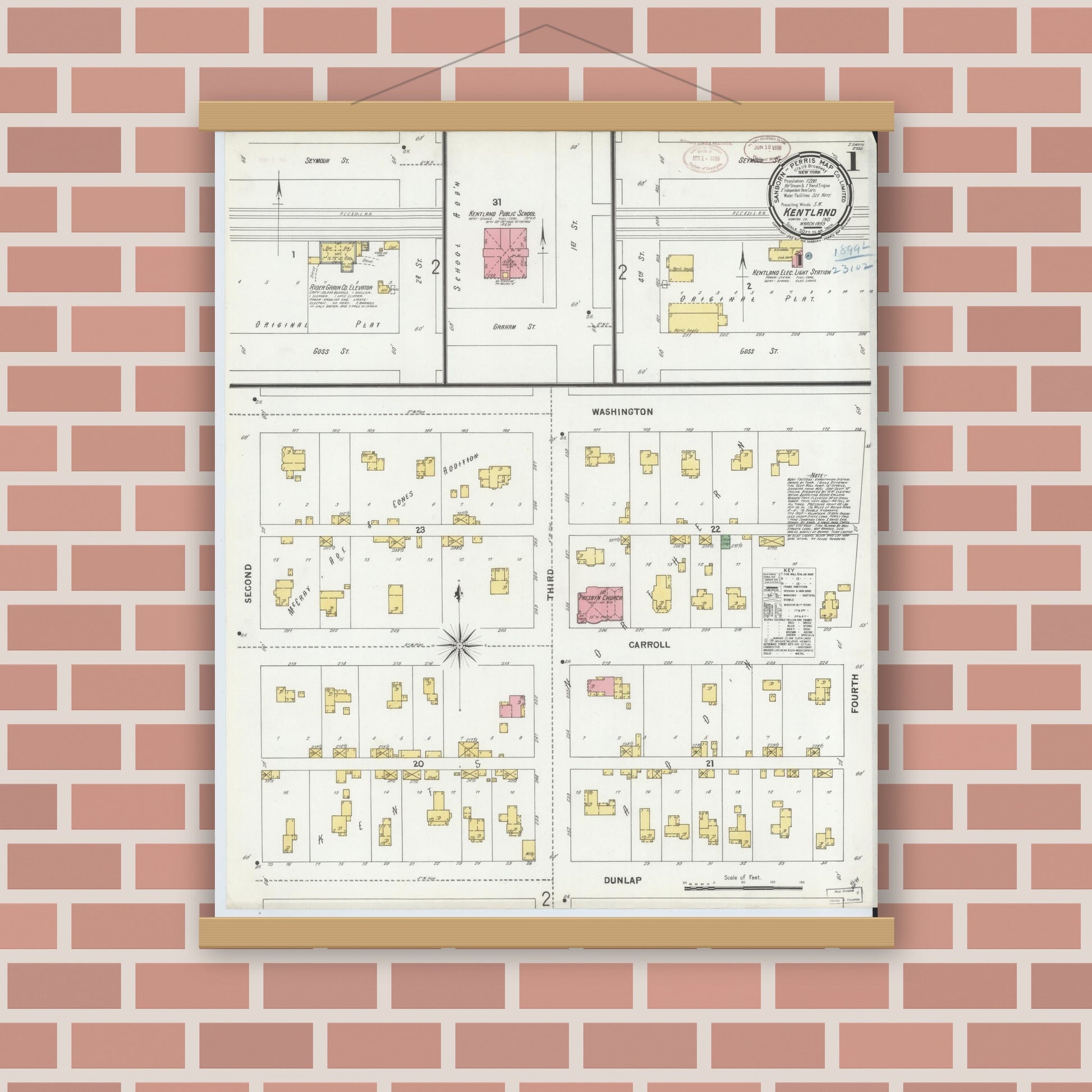 Old map wall art mockup — magnetic wood frame on brick wall — Sanborn Fire Insurance Map from Kentland, Newton County, Indiana (1899) - Complete Map Set