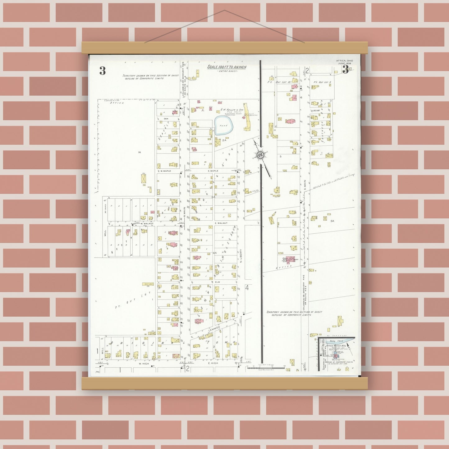 Old map wall art mockup — magnetic wood frame on brick wall — Sanborn Fire Insurance Map from Attica, Seneca County, Ohio (1938), Sheet #0003