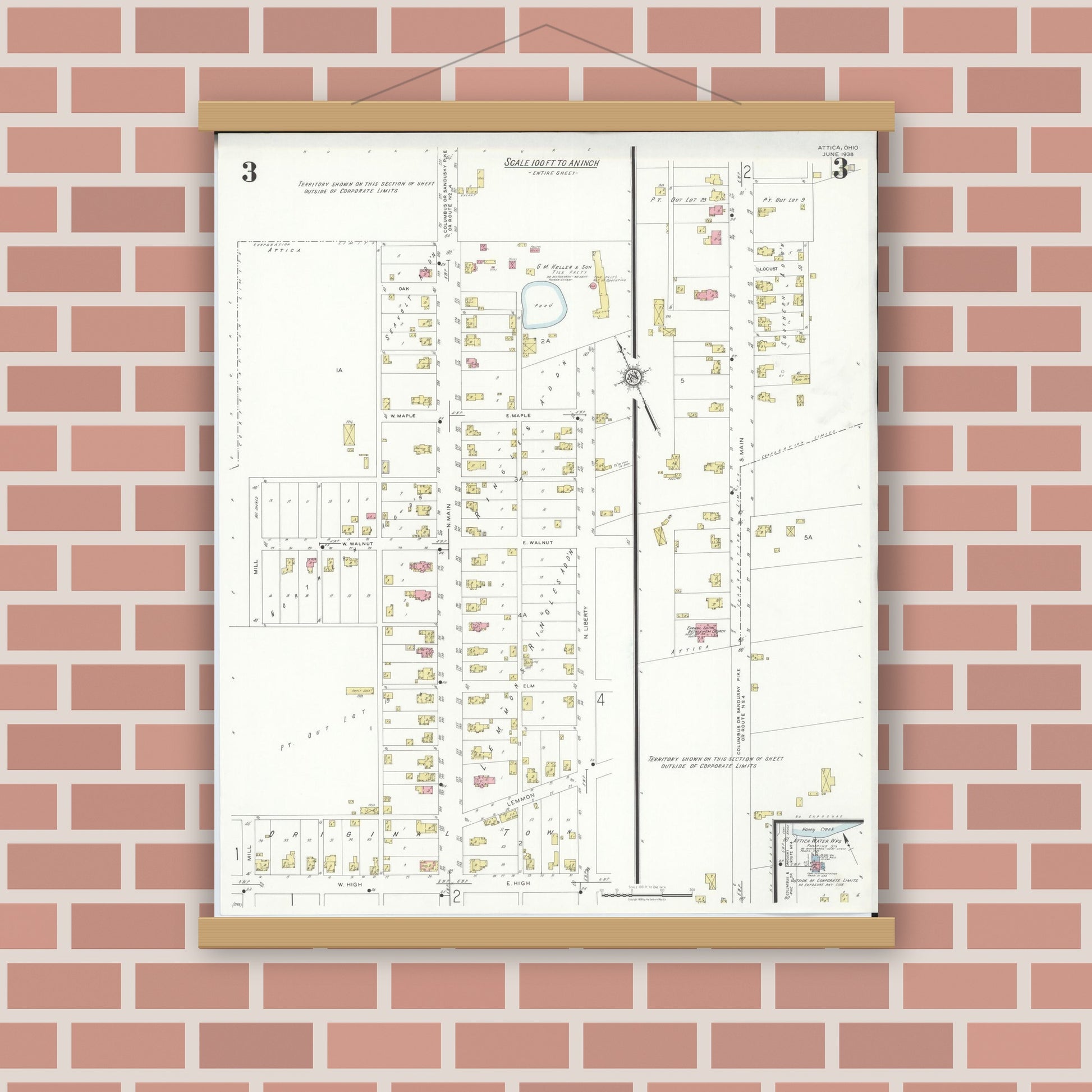 Old map wall art mockup — magnetic wood frame on brick wall — Sanborn Fire Insurance Map from Attica, Seneca County, Ohio (1938), Sheet #0003