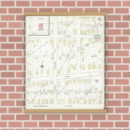 Old map wall art mockup — magnetic wood frame on brick wall — Sanborn Fire Insurance Map from Olney, Richland County, Illinois (1910), Sheet #0002