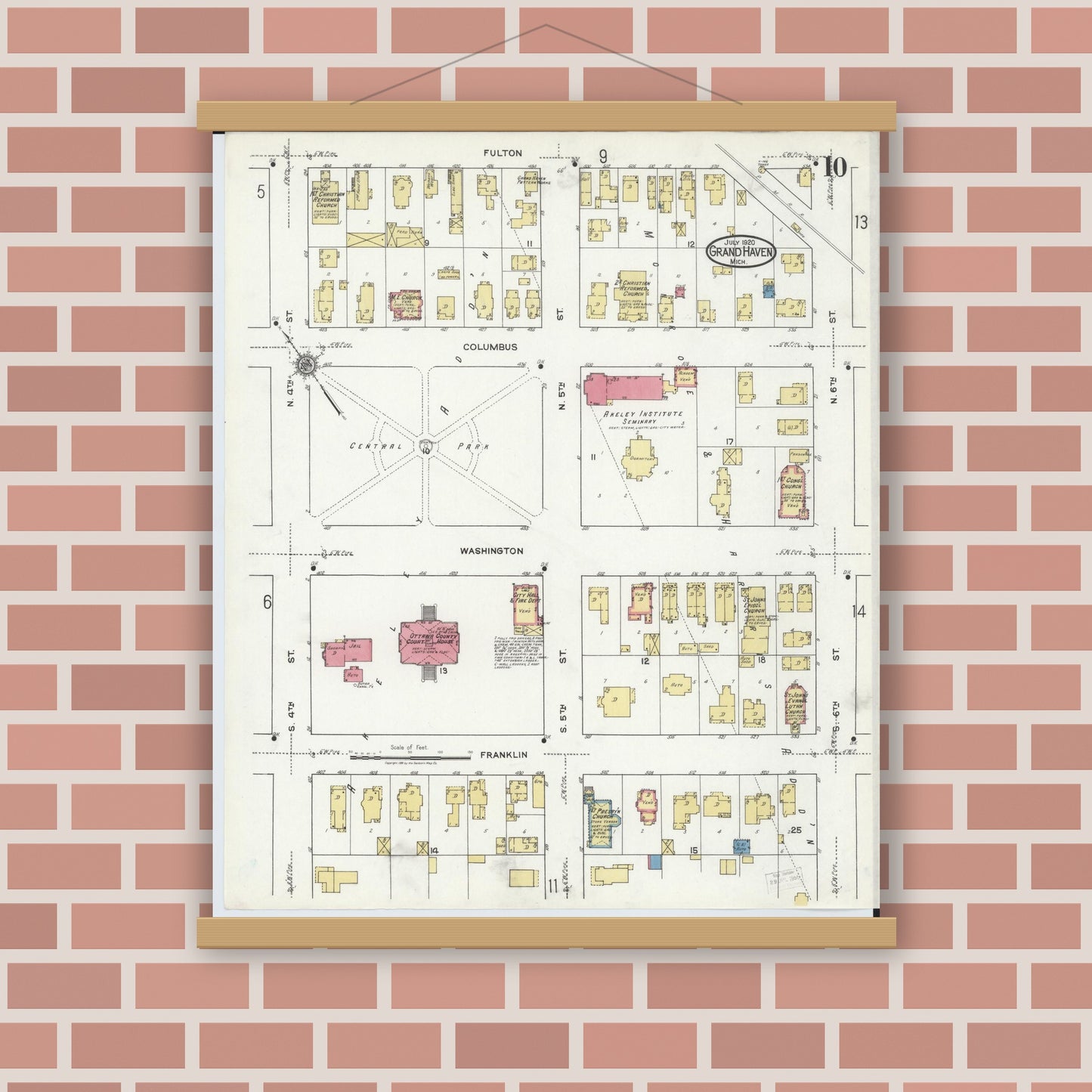Old map wall art mockup — magnetic wood frame on brick wall — Sanborn Fire Insurance Map from Grand Haven, Ottawa County, Michigan (1920), Sheet #0010