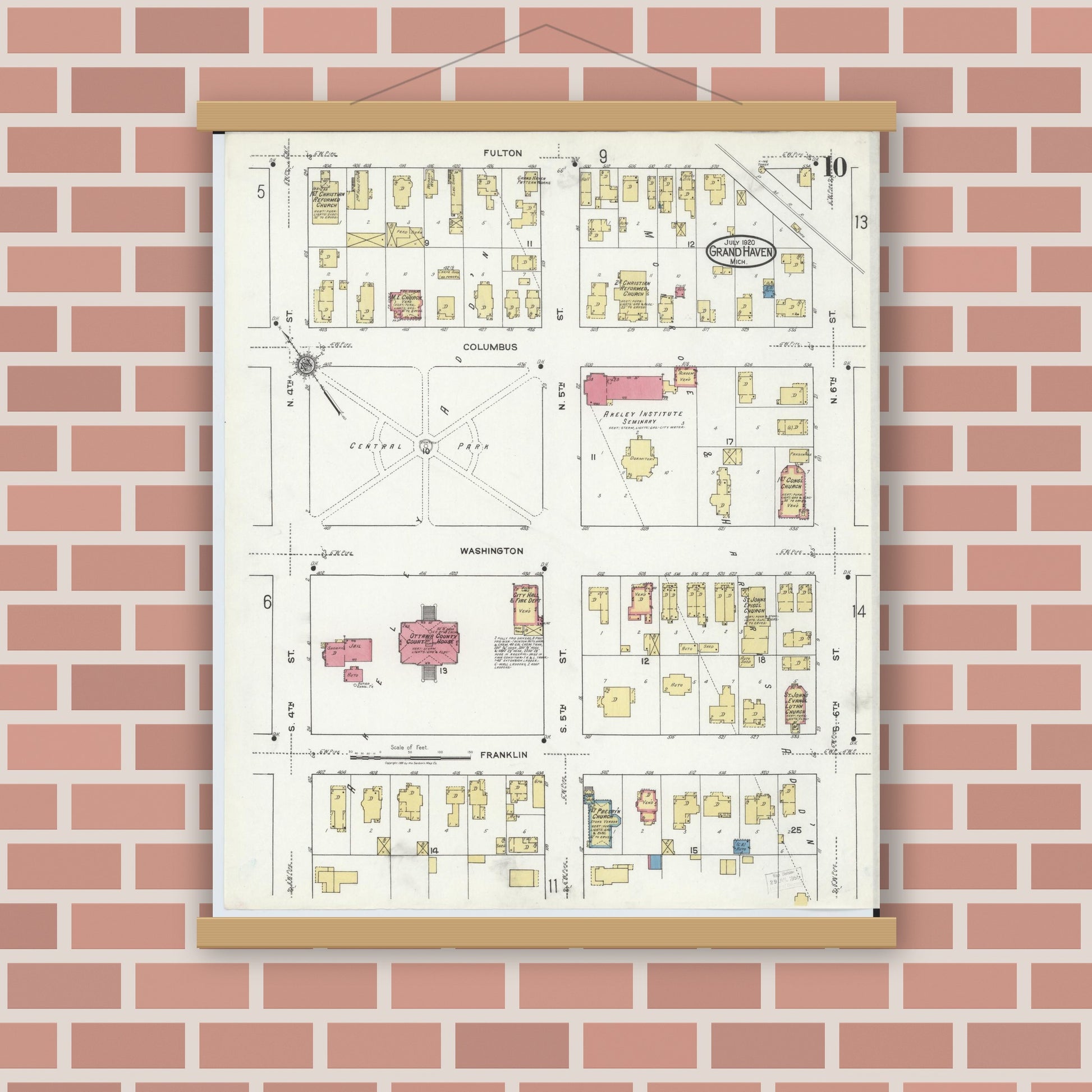 Old map wall art mockup — magnetic wood frame on brick wall — Sanborn Fire Insurance Map from Grand Haven, Ottawa County, Michigan (1920), Sheet #0010