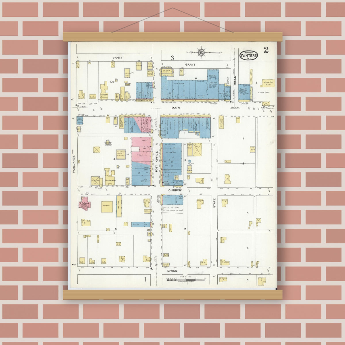 Old map wall art mockup — magnetic wood frame on brick wall — Sanborn Fire Insurance Map from Winters, Runnels County, Texas (1917), Sheet #0002