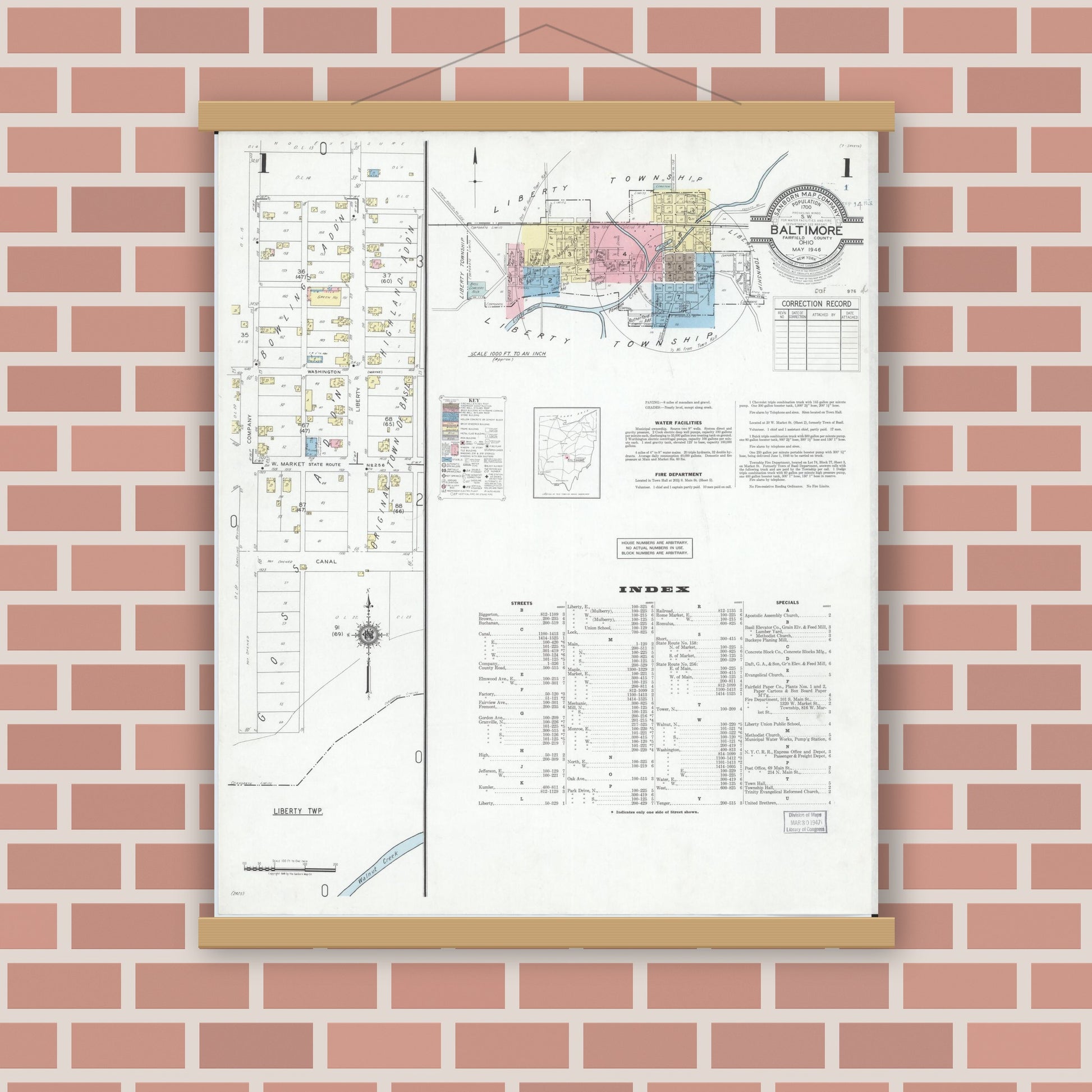 Old map wall art mockup — magnetic wood frame on brick wall — Sanborn Fire Insurance Map from Baltimore, Fairfield County, Ohio (1946), Sheet #0001